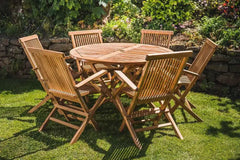 The Heritage Solid Teak 1.2m Round Folding Table & 6 Folding Chairs