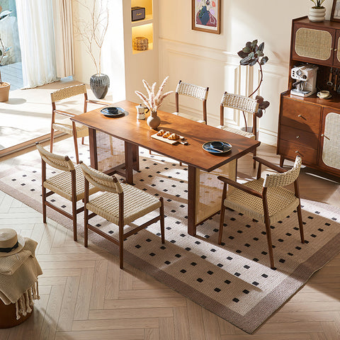 Fuchs Dining Table, Solid Wood & Rattan, Dark Oak