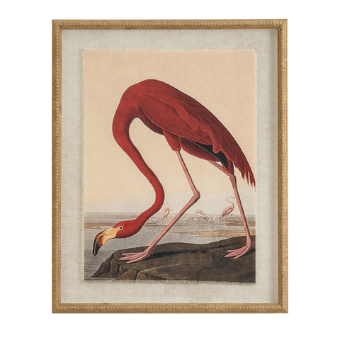 Flamingo on linen in beaded frame