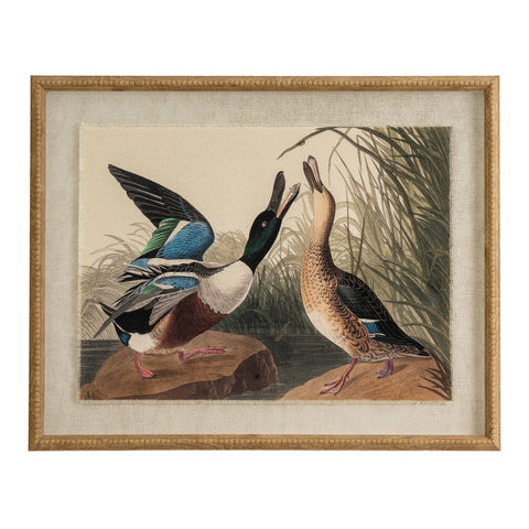 Mallards on linen in beaded frame