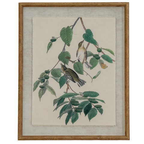 Warblers on linen in beaded frame