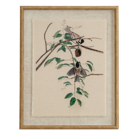 Chickadees on linen in beaded frame