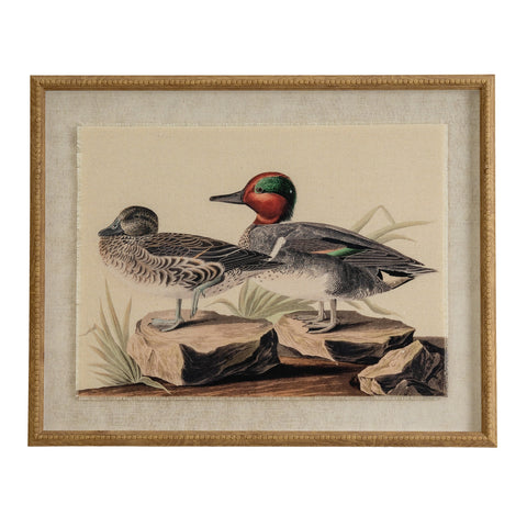 Teals on linen in beaded frame