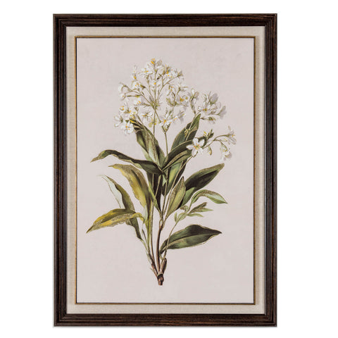White wildflower on linen in frame