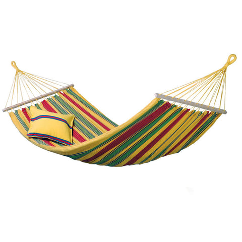 A striped Aruba Vanilla Hammock with red, yellow, and green colours, displayed without a stand.