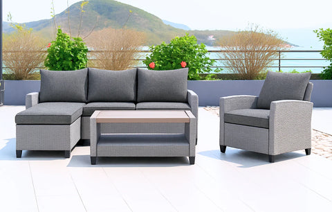 Stockholm Rattan Grey 4 Seater Garden Chaise Lounge Set with Armchair - Heritage Gardens UK Online Garden Centre