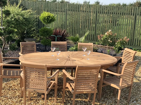 St Tropez Premium Teak Oval Table with 8 Stacking Chairs - Heritage Gardens UK Online Garden Centre