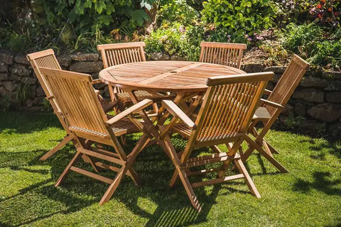The Heritage Solid Teak 1.2m Round Folding Table & 6 Folding Chairs - Heritage Gardens UK Online Garden Centre